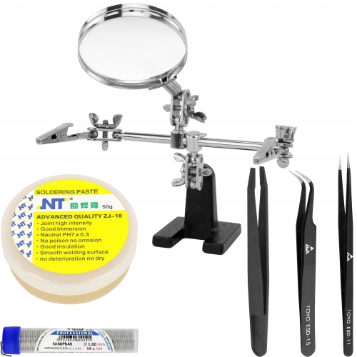 TRZECIA RĘKA Z LUPĄ SZKLANĄ UCHWYT ZESTAW PĘSET ESD TOPNIK PASTA CYNA CYNEL