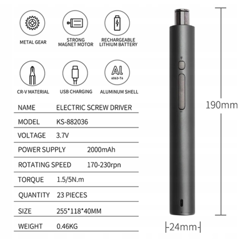 ELEKTRYCZNY ŚRUBOKRĘT BEZPRZEWODOWY WKRĘTAK KS-882036 USB + 20 BITÓW 23w1