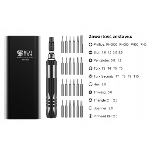 ZESTAW ŚRUBOKRĘTÓW PRECYZYJNYCH WKRĘTAK BITY PENTALOBE TRI-WING IPHONE 25w1