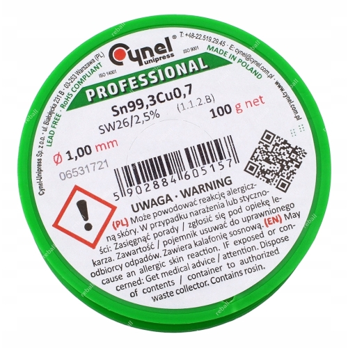 CYNA DO LUTOWANIA Z TOPNIKIEM 2,5% BEZOŁOWIOWA Sn99,3Cu0,7 CYNEL 1,0mm 100g