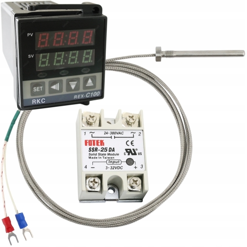 REGULATOR TEMPERATURY STEROWNIK REX C100 230V+ PRZEKAŹNIK 25A +CZUJNIK 5X50