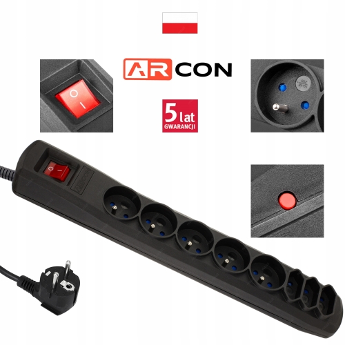 PRZEDŁUŻACZ LISTWA ZASILAJĄCA ANTYPRZEPIĘCIOWA 8 GNIAZD ARCON R8 2500W 1,5m