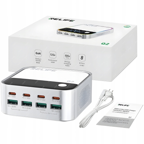 UNIWERSALNA CYFROWA ŁADOWARKA USB-C 120W RELIFE Q2 MOCNA 8 PORTÓW PD QC LCD