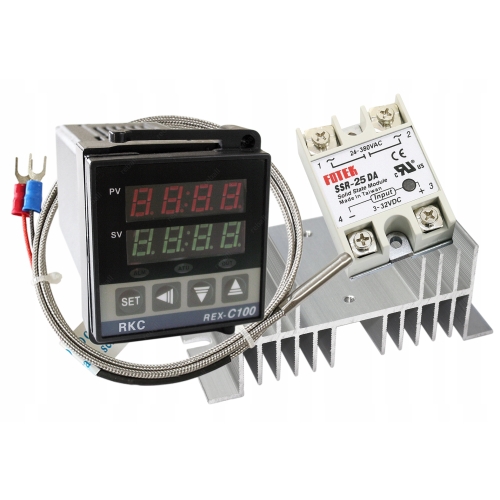 REGULATOR TEMPERATURY STEROWNIK REX C100V+ CZUJNIK TYPU K SSR 25A +RADIATOR