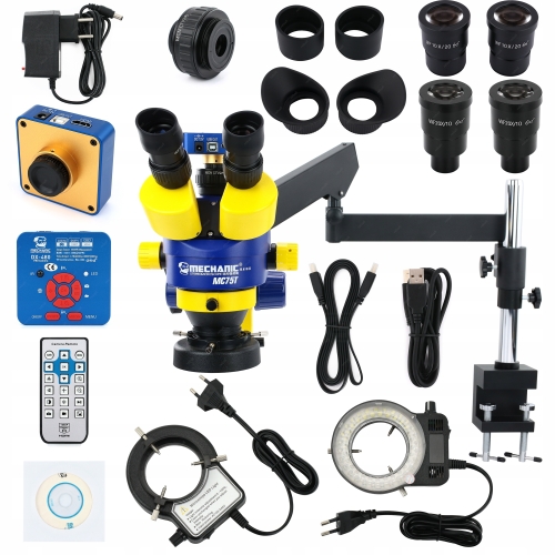 MIKROSKOP STEREOSKOPOWY TRINOKULAROWY MECHANIC MC75T-M1 7-90x + AKCESORIA