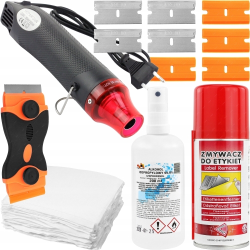 ZESTAW DO USUWANIA CZYSZCZENIA SZYB Z NAKLEJEK ETYKIET WITRYN ELEWACJI