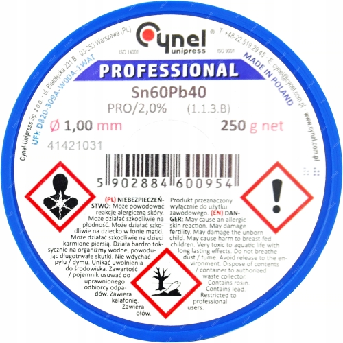CYNA DO LUTOWANIA Z TOPNIKIEM PRO/2,0% OŁOWIOWA S-Sn60Pb40 CYNEL 1,0mm 250g