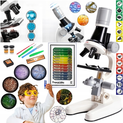 MIKROSKOP DLA DZIECI EDUKACYJNY 1200X +PREPARATY DO MIKROSKOPU ZESTAW 13szt