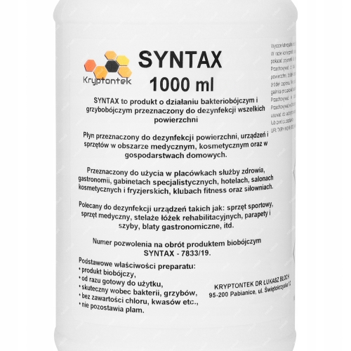SYNTAX 1L ŚRODEK GRZYBOBOJCZY BAKTERIOBÓJCZY DO DEZYNFEKCJI POWIERZCHNI
