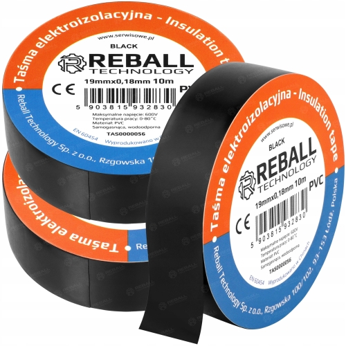3X MOCNA TAŚMA IZOLACYJNA CZARNA ELEKTRYCZNA GRUBA 0,18MM REBALL 19MM 10M