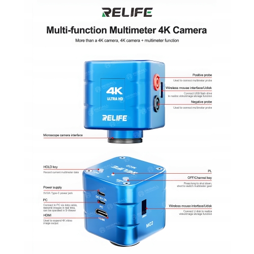CYFROWA KAMERA MIKROSKOPU HDMI RELIFE MC2 4K 30FPS POMIAR MULTIMETR MYSZKA