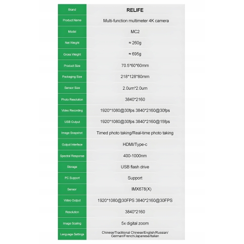 CYFROWA KAMERA MIKROSKOPU HDMI RELIFE MC2 4K 30FPS POMIAR MULTIMETR MYSZKA