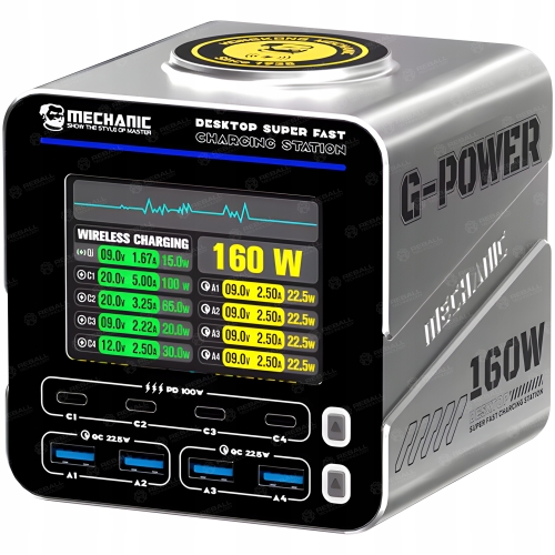 SZYBKA UNIWERSALNA ŁADOWARKA USB MECHANIC G-POWER 160W 8 PORTÓW + WIRELESS