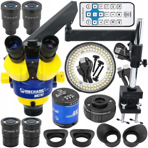 ZESTAW MIKROSKOP STEREOSKOPOWY TRIOKULAROWY MC75T-M1 90x PRZEGUB 9kg KAM 4K