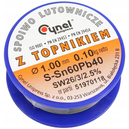 CYNA Z TOPNIKIEM KALAFONIĄ CYNEL 1mm 100g 0.1kg CZYSTA POLSKA CYNA OŁOWIOWA